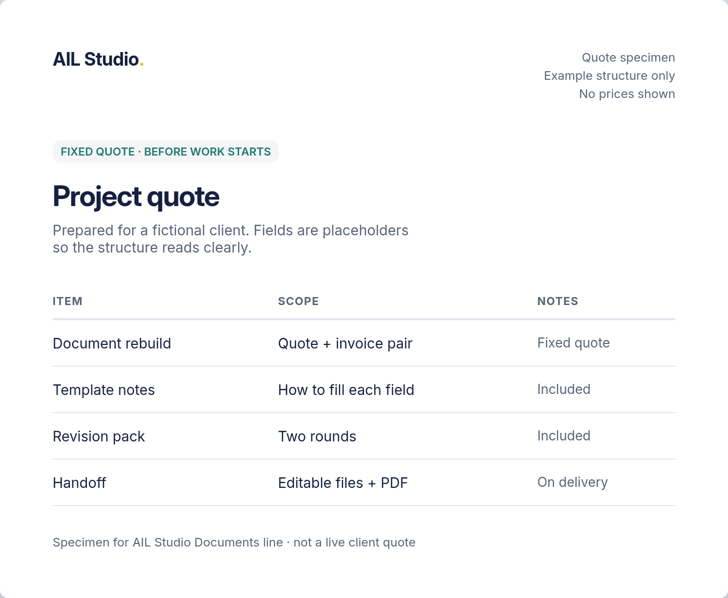 Document quote template specimen